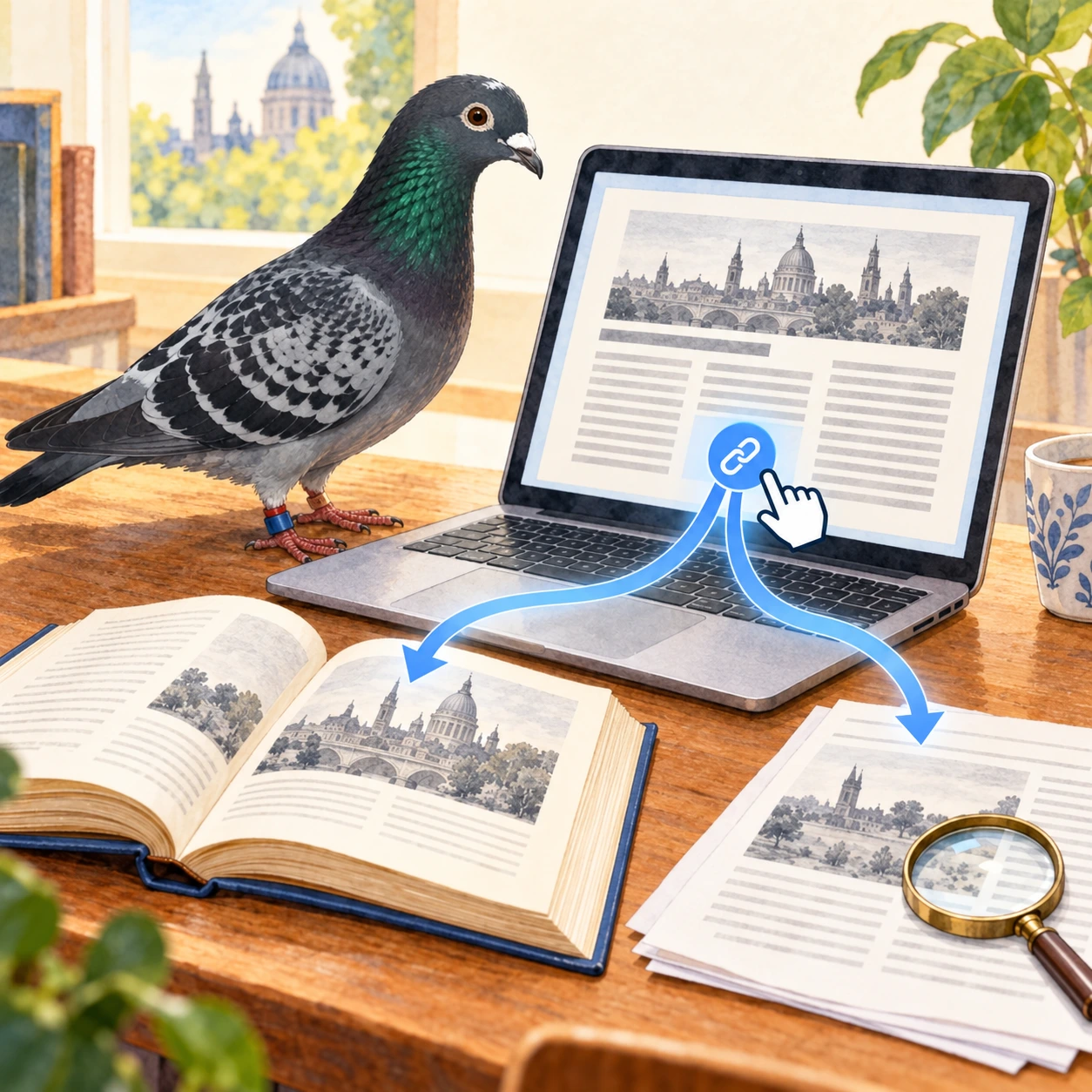 Een postduif bij een laptop; een aangeklikte bronlink verwijst naar een boek en de oorspronkelijke publicatie.